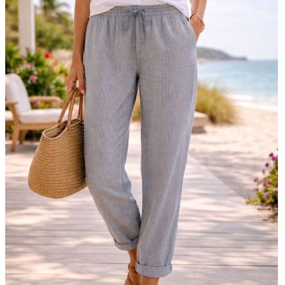 J. Crew Navy Striped Linen-Cotton Blend Drawstring Pants Size 12 Summer Vacation - Picture 1 of 8